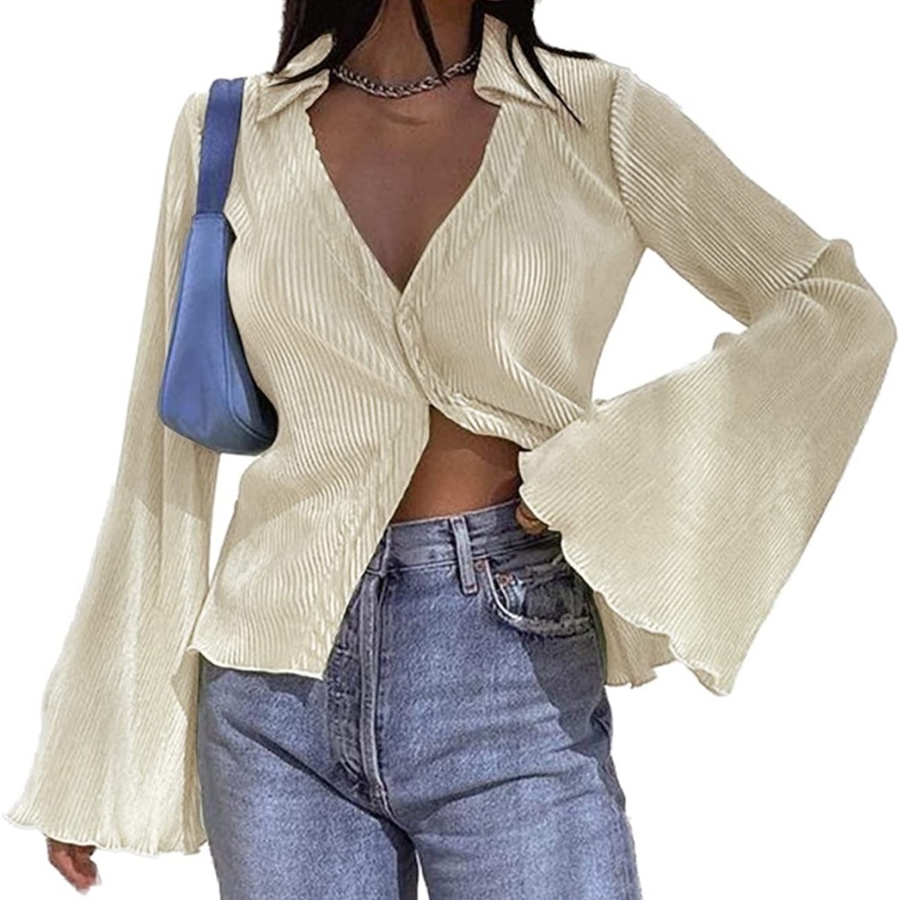 LYANER Women's Deep V Neck Button Front Bell Long Sleeve Blouse Shirt Top